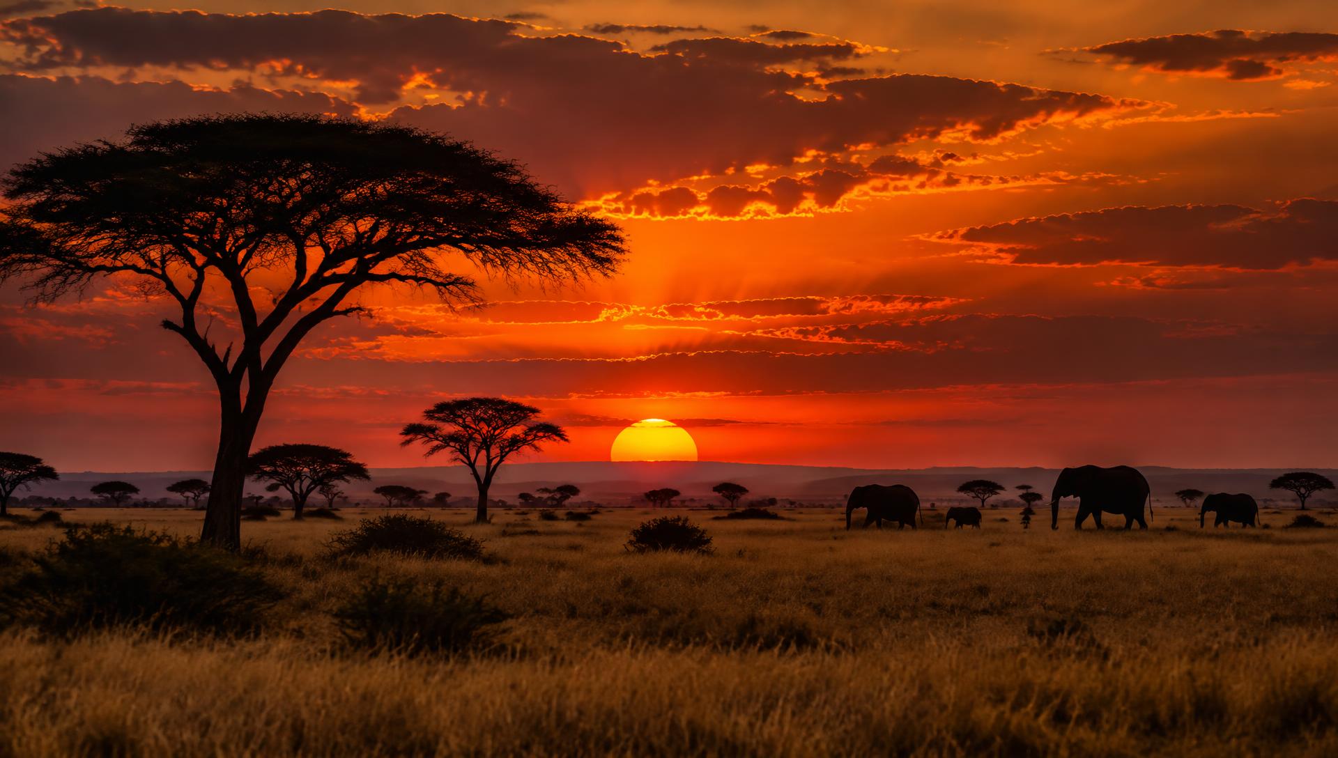 Acacia trees and elephants silhouetted against a Serengeti sunset